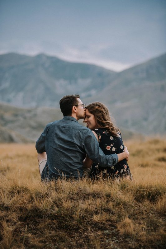 wedding couple posing near Mavrovo, North Macedonia